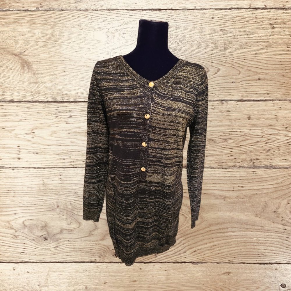 Holiday Black and Gold striped long Sweater Medium Love 21